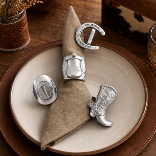 Arthur Court Western Napkin Rings Set - Cowboy Saddle, Boot, Hat, Horseshoe - Aluminum Table Decor - 3" Diameter - Image 2