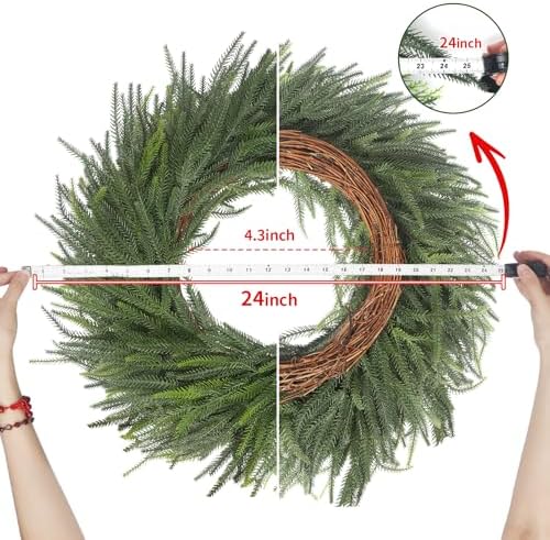 LOKEISNA Real Touch Norfolk Pine Wreath, 24" Artificial Christmas Wreaths for Front Door, Soft Bendable Pine Wreath for Wall Windows Mantle Christmas New Year - Image 2