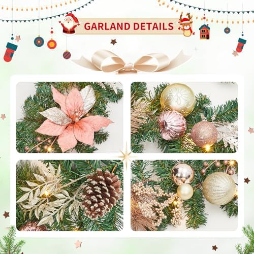 Garvee 9 ft Christmas Garland with Lights for Mantle, Rose Gold - Image 4