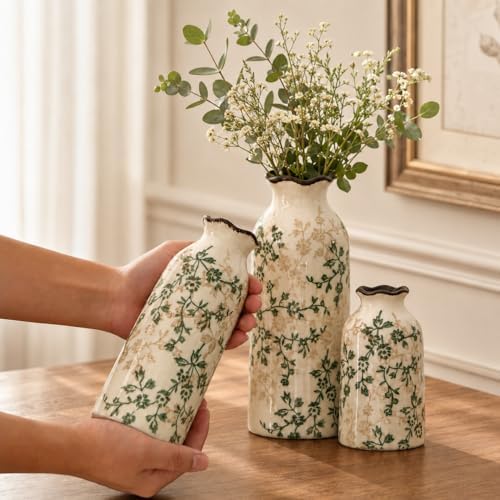 Green Vintage Vase Set of 3, Ceramic Vase Set Chinoiserie Decor - Image 4