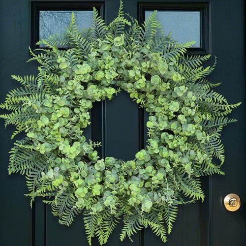 26" Artificial Eucalyptus & Boston Ferns Wreath for Front Door (Gray-Green) by YXZZWL