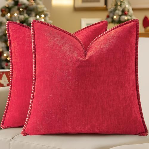 decorUhome Soft Chenille Throw Pillow Covers 26x26 Set of 2 Christmas Red by decorUhome