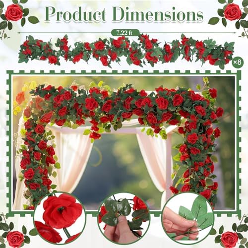 Suncalla 8 Pack 6.56ft Artificial Rose Flower Garland Silk Flocked Red Rose Garland Faux Eucalyptus Peony Flower Vine for Wedding Party Table Centerpiece Arch Background Decor(Eucalyptus) - Image 2