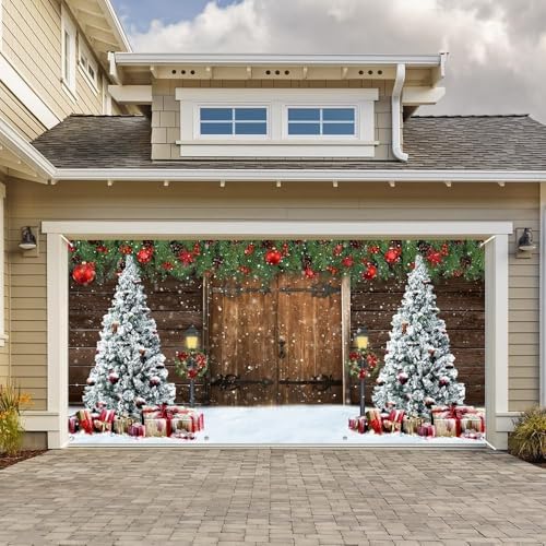 7x16ft Christmas Garage Door Decorations Christmas Barn Xmas Tree Christmas Ball Snowflake Garage Backdrop for Xmas Eve Holiday Outdoor Wall Decor Winter Holiday Background Sign for Garage Door - Image 2