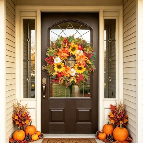 Fall Wreaths for Front Door, 24 Inch Autumn Wreath Luxury Harvest and Thanksgiving Indoor & Outdoor, Fall Door Wreath with Dahlias, Sunflowers,Peony&Pumpkins, Fall Wreath for Outdoor Wreaths - Image 2