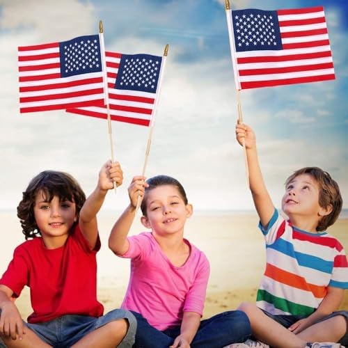 Pack of 100 American Flags with wood Stick, 12x18 Inch American Flags for outside, US Flags/American Hand Held Stick Flags with Kid-Safe Spear Top, Perfect for Patriotic Decorations, Parades, Veteran Party,4th of July decorations - Image 4