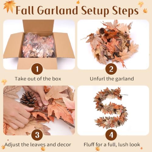 2 Pack 9 Ft Fall Garland with Lights & Timer, Thanksgiving Mantel Decor - Image 7