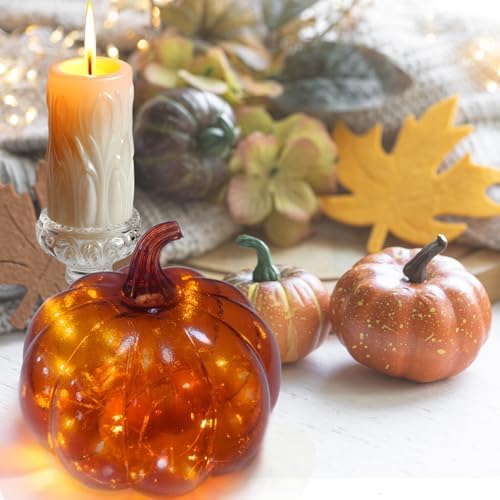Glass Blowing Pumpkin with Light for Decorating,Battery Operated Light Up Pumpkin for Fall Harvest,Halloween,Thanksgiving for Table Centerpieces Indoors Home Decor - Image 6