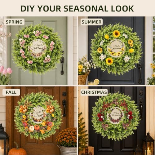 24 Inch Faux Boxwood Wreath with 3 Double-Sided Wooden Signs - Image 3