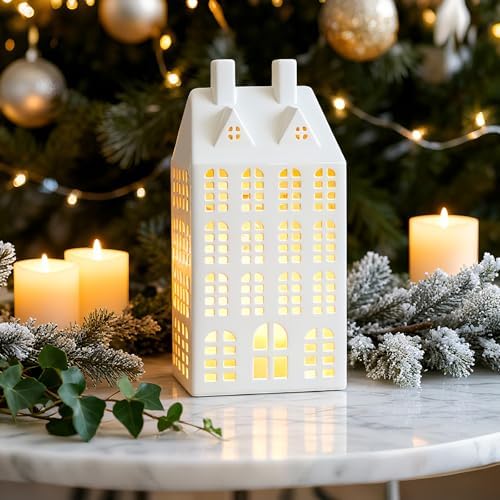 DN DECONATION Light Up Christmas Village House, White Ceramic House Decor - Image 2