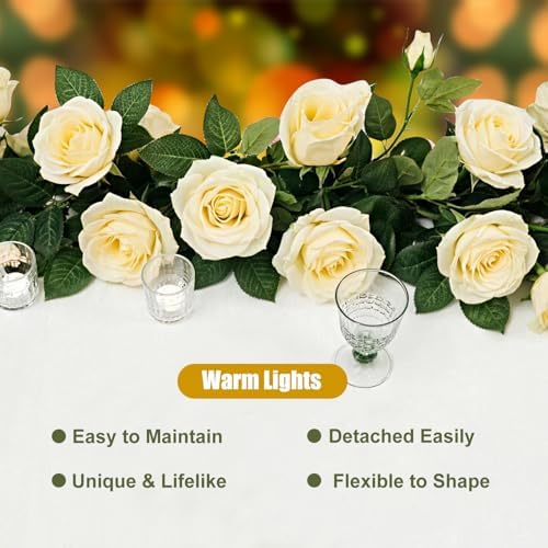 Flower Garland with Lights, 4 Packs 7FT White Floral Rose Flower Eucalyptus Garland Decor, Artificial Faux Leaves Greenery Vines for Table Runner Wedding Centerpieces Backdrop Decor (Warm Color) - Image 3
