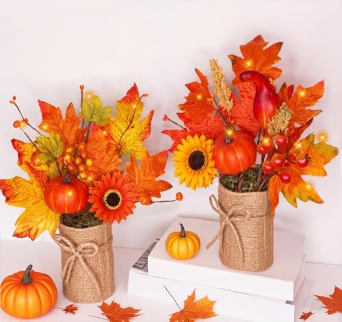 [2-Style & Light Timer] 2 Pack 13 Inch Fall Decor Table Centerpiece with Lights 20LED Maple Arrangement Potted Pumpkin Sunflower in Burlap Fall Decorations for Home Kitchen Office Autumn Thanksgiving - Image 3