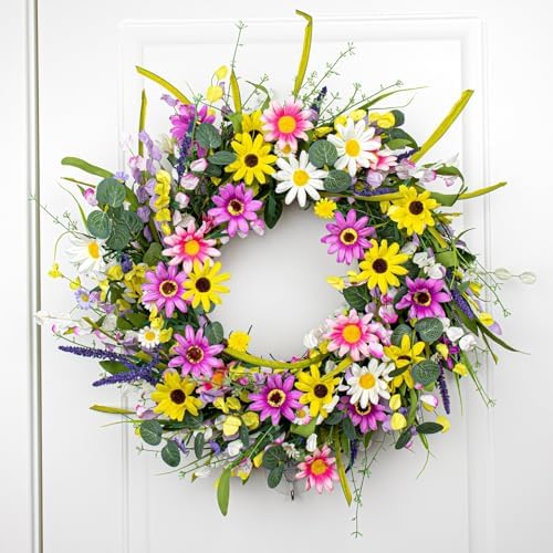 Yawwind 28 Inches Large Summer Wreaths for Front Door Spring Flower Wreaths Summer Door Wreath Colorful Wildflower Wreath with Daisy Lavender for Window Indoors Outdoor Decor - Image 5