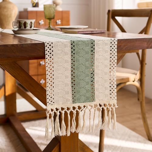 Niviy Sage Green Table Runner 120 Inches Long with Tassels, Seasonal Spring Summer Washable Embroidered Striped Braided Green and Beige Boho Table Runners for Holiday Party 12 x 120 Inches - Image 6