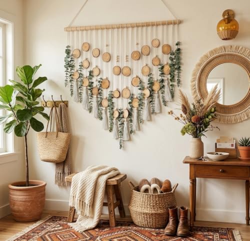 Macrame Leaf Wall Hanging Fake Eucalyptus Decor with 2-Piece Wood Slices Wall Decor Large for Bathroom Bedroom Kitchen, Artificial Wall Hanging Plants，Boho Wall Art - Image 3