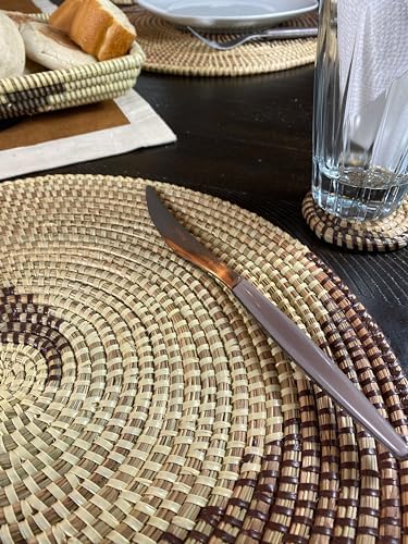 Senegal Placemats/African Bohemian Woven Seagrass Placemats/Natural Wicker Round Basket Placemats/Decorative Hanging Wicker Plates/Hanging Wall Decor (Brown & White) - Image 7