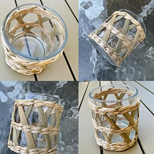 Pack 4 Woven Rattan Tealight Candle Holder Candle Lantern, Coastal Tropical Boho Glass Tea Light Holder Votive Candle Holders, Natural Seagrass Hand Woven Votive Candle Holder - Image 5