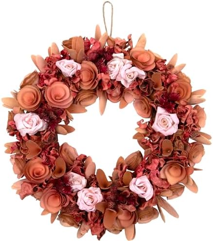 Silk Roses and Shaved Wood Flowers Small Artificial Spring Wreath - 12" - Unlit - Pink - Image 3