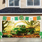 St Patricks Day Garage Door Banner 157.5x70.9in Large Garage Door Cover Outdoor Decorations Green Truck Shamrock Holiday Backdrop with 8 Grommets & 393.7in Rope by KKYEJLQYI