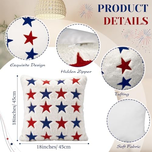 Tiamon 4 Pcs Patriotic 4th of July Throw Pillow Covers 18 x 18 Inch USA Flag American Plush 3D Embroidered Pillow Cases Red White Blue Stars Cushion Covers for Independence Day Decor Sofa Bed Home - Image 2
