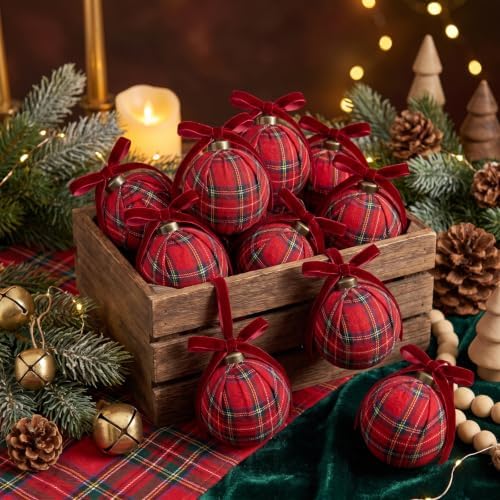 Gemscream 12 Pcs Red and Green Tartan Christmas Ornaments Balls 3.15 Inch by Gemscream