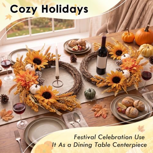 Fall Wreaths, 2 Pack, 20" Front Door Decor, Artificial Sunflower Pumpkin - Image 7