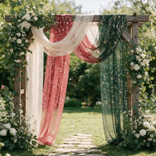 Artoid Mode 3PC Beige Red Green Gauze Table Runner 120 Inch 10FT, Glitter Metallic Foil Sheer for Wedding Anniversary Holiday Birthday Home Party Decor - Image 2