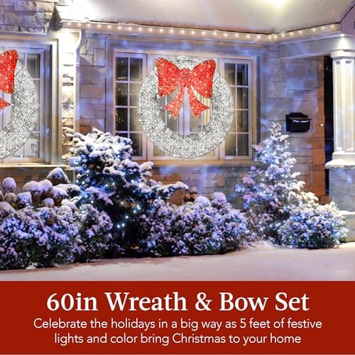 Best Choice Products 60in Pre-Lit Outdoor Christmas Wreath Decoration, LED Metal Holiday Decor for Home Exterior, Garden w/ 206 Lights, Bow - White/Red - Image 2