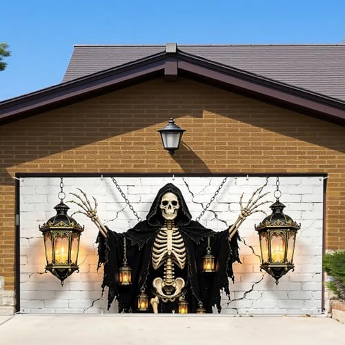 7x16FT Skull Lamp Halloween Garage Door Banner Skeleton Witch Happy Hallowen Garage Door Cover Decoration for Hallowen Decoration - Image 5
