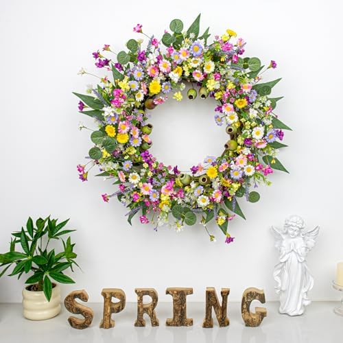 Yawwind 22 Inches Summer Wreaths for Front Door Green Spring Floral Wreath Summer Door Wreath Wildflower Wreaths with Lavender Daisy for Indoors Windows Porch Wall Outside All Season - Image 4