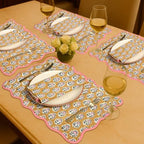 CPC Cotton Placemats Citrine Yellow Set of 4-Hand Block Printed Reversible Placemats, Flower Scalloped & Embroidered Cloth Table Mats - 14 x 20 inch Gift for Spring, Mother's Day - Image 2