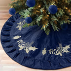 Christmas Tree Skirt, 48 Inches, Gold Embroidered Holly Style, Navy Blue by Vertintong