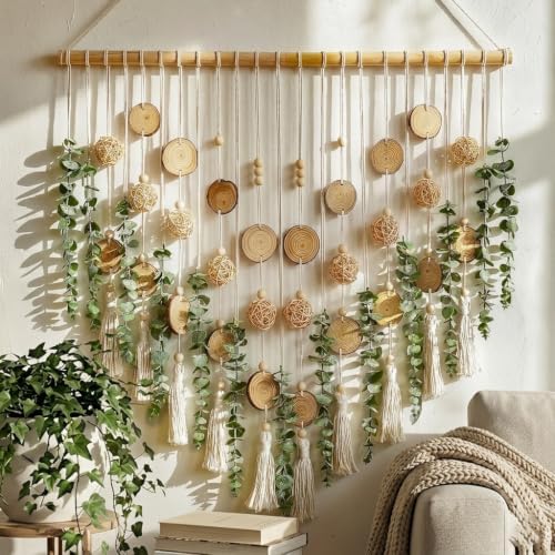 Macrame Leaf Wall Hanging Fake Eucalyptus Decor with 2-Piece Wood and Ball Wall Decor Large for Bathroom Bedroom Kitchen, Artificial Wall Hanging Plants，Boho Wall Art by TRITOUR
