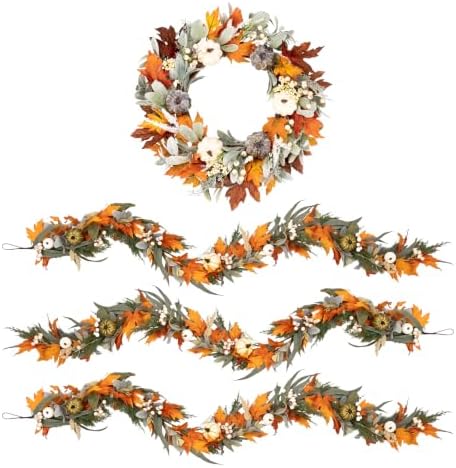 Fall 6FT Garland Wreaths 24", 4 Pack, Artificial Pumpkin by Culudea