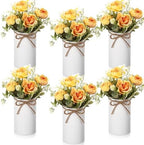 Domensi 6 Sets Wedding Centerpiece for Table Decoration Yellow Artificial Fake Rose Flower with Metal Vase Faux Silk Rose Bouquet Floral Arrangement for Bridal Shower Home Dining by Domensi