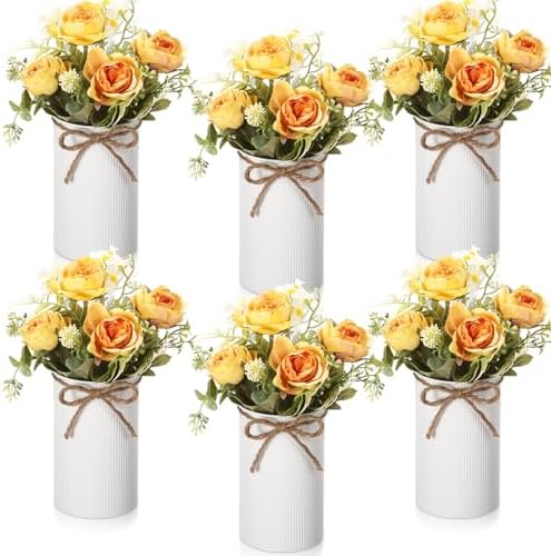 Domensi 6 Sets Wedding Centerpiece for Table Decoration Yellow Artificial Fake Rose Flower with Metal Vase Faux Silk Rose Bouquet Floral Arrangement for Bridal Shower Home Dining by Domensi