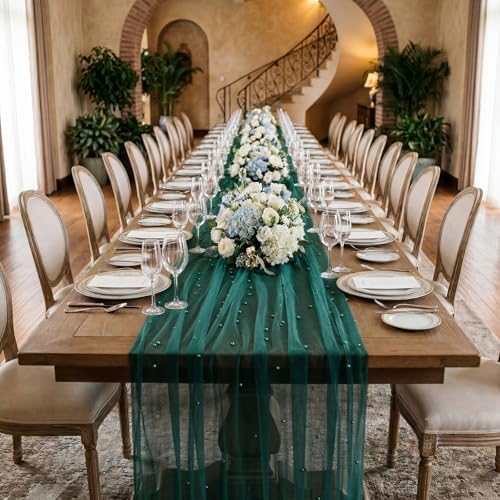 Dark Green 10 Pcs Pearl Gauze Table Runner 120 Inch 10ft Pearl Sheer Tulle Table Cloth Centerpieces for Home Wedding Birthday Bridal Baby Shower Party Favor Holiday Dining Decorations - Image 6