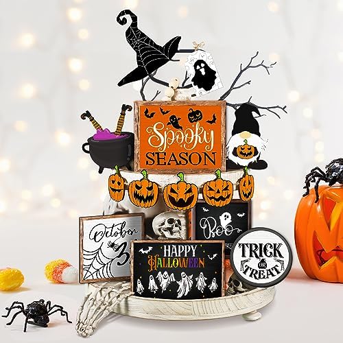 14 Pcs Halloween Tiered Tray Decor Set, Gnome Wood Table Signs (Cool) by Unknown
