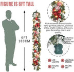 prelit 6ft Christmas Garland with 25 LED Lights with Timer, prelit red White Garland with Plenty Hand-Painted Ornaments,Festive Lighted Winter Decor for Front Door, Mantel, Stair & Fireplace - Image 5