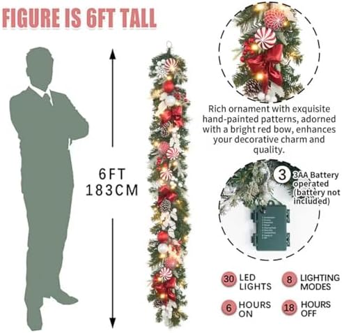 prelit 6ft Christmas Garland with 25 LED Lights with Timer, prelit red White Garland with Plenty Hand-Painted Ornaments,Festive Lighted Winter Decor for Front Door, Mantel, Stair & Fireplace - Image 5