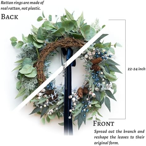 Winter Wreaths for Front Door 24 Inch Green Olive & Eucalyptus Wreath with Silver & White Berries, Pine Cones and Blueberries, Christmas & Holiday Indoor Outdoor Decor - Image 4