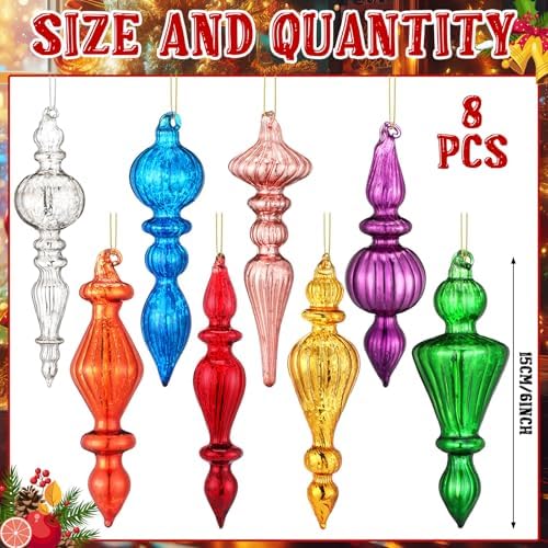 Mifoci 8 Pcs 6 Inch Mercury Glass Finial Christmas Ornaments,Mixed Color - Image 3