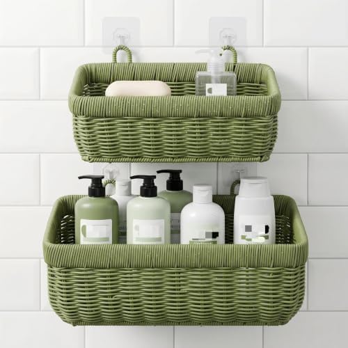 Wall Baskets Set of 2, Wicker-Style Hanging Baskets for Kitchen Bathroom Entryway Garages Porch Door Decor and Organizing, Green, Plastic - Image 4