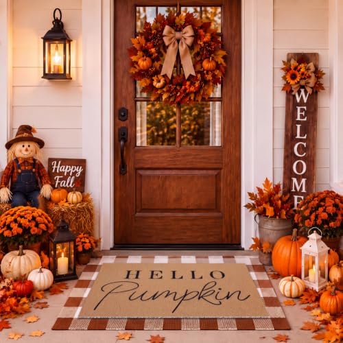 Tinideya 2 Pcs Fall Hello Pumpink Doormat Set for Front Porch Decor by Tinideya