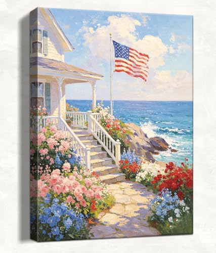 Patriotic Coastal Canvas Wall Art 4th of July American Flag Seaside Cottage Oil Painting USA Flag Ocean Floral Pathway Wall Decor Independence Day Beach House Home Decor 16x20in by HomeifHue