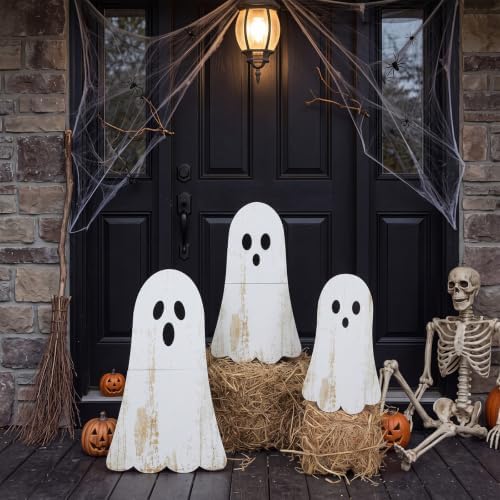Vercraft 3 Pcs Halloween Outdoor Decorations Ghost Wooden Porch Signs Halloween Yard Decor Welcome Front Door Standing Sign Farmhouse Standing Block for Home Outdoor Display, 15.7, 19.7, 23.6'' - Image 6