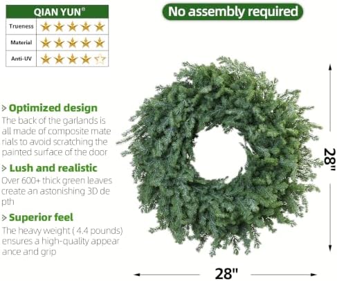 28 Inch Christmas Wreath – Artificial Norfolk Pine & Cedar Greenery, Full Holiday Wreath for Front Door, Wall, Window, Porch, Indoor & Outdoor Christmas Decor (1, 28") - Image 5
