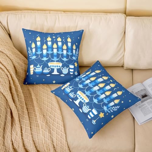 Erosebridal Happy Hanukkah Throw Pillow Covers Menorah Stars Candles Pillow Cases 24X24 Inch for Sofa Bed Couch,Chanukah Decorative Cushion Covers 2Pcs - Image 2