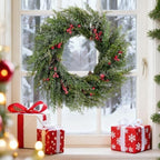 Glitzhome 28"D Christmas Greenery Wreaths,Snow Flocked Artificial Wreath Mixed PE Dripping Wreath with Pinecones & Red Berries, Winter Christmas Wreath for Front Door, Wall, Windows, Home, Xmas Decor - Image 6