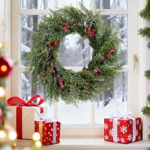 Glitzhome 28"D Christmas Greenery Wreaths,Snow Flocked Artificial Wreath Mixed PE Dripping Wreath with Pinecones & Red Berries, Winter Christmas Wreath for Front Door, Wall, Windows, Home, Xmas Decor - Image 6